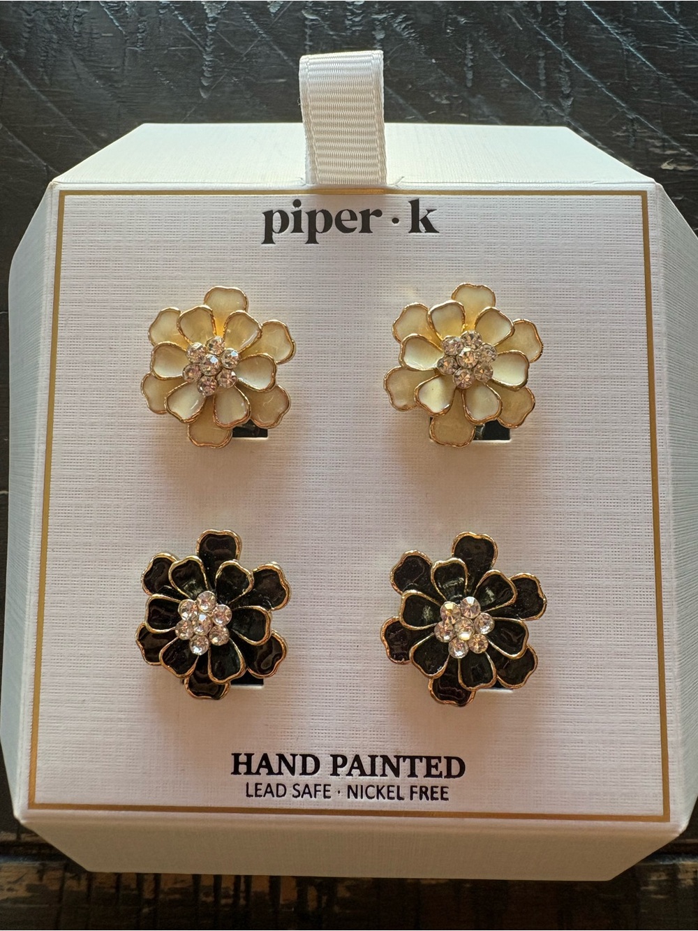 Piper Hand-Painted Flower Stud Earrings Set in Cream & Black with Gold Trim